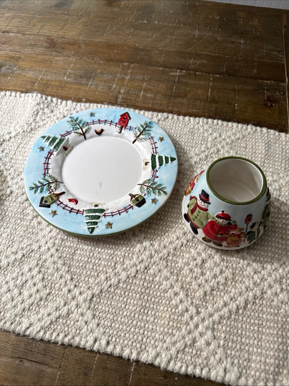 Yankee Candle Snowman & Tree Holiday Plate and Shade - Blue/White/Green/Red